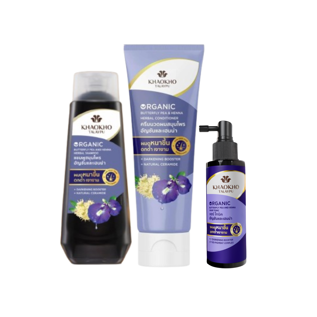 Set Khaokho Talaypu „Butterfly Pea & Henna” – pentru menținerea culorii naturale și prevenirea încarunțirii premature