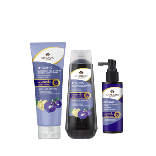 Set Khaokho Talaypu „Butterfly Pea & Henna” – pentru menținerea culorii naturale și prevenirea încarunțirii premature